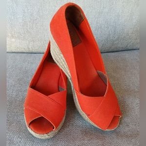 TORY BURCH 8 Filipa Flame Red Espadrille Peep Toe Wedge Shoe Sandal Heel